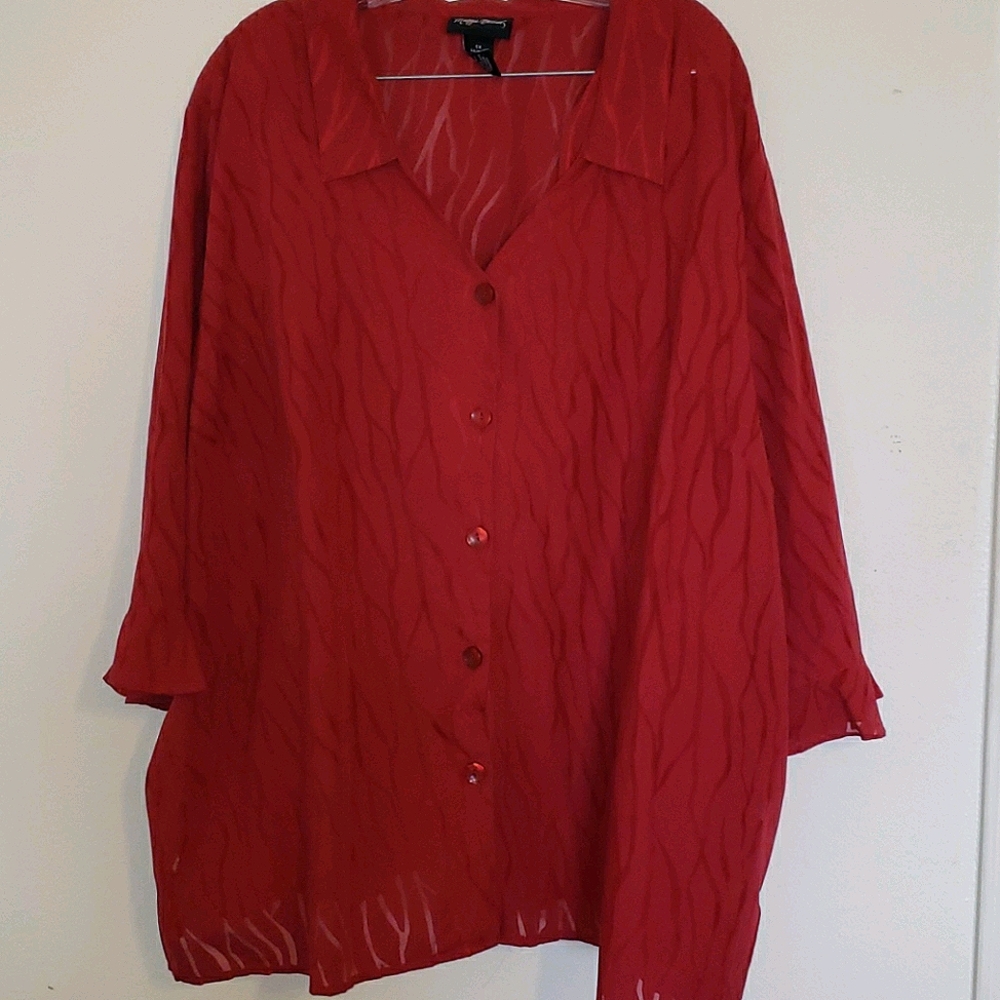 Maggie Barnes deep red vein pattern blouse